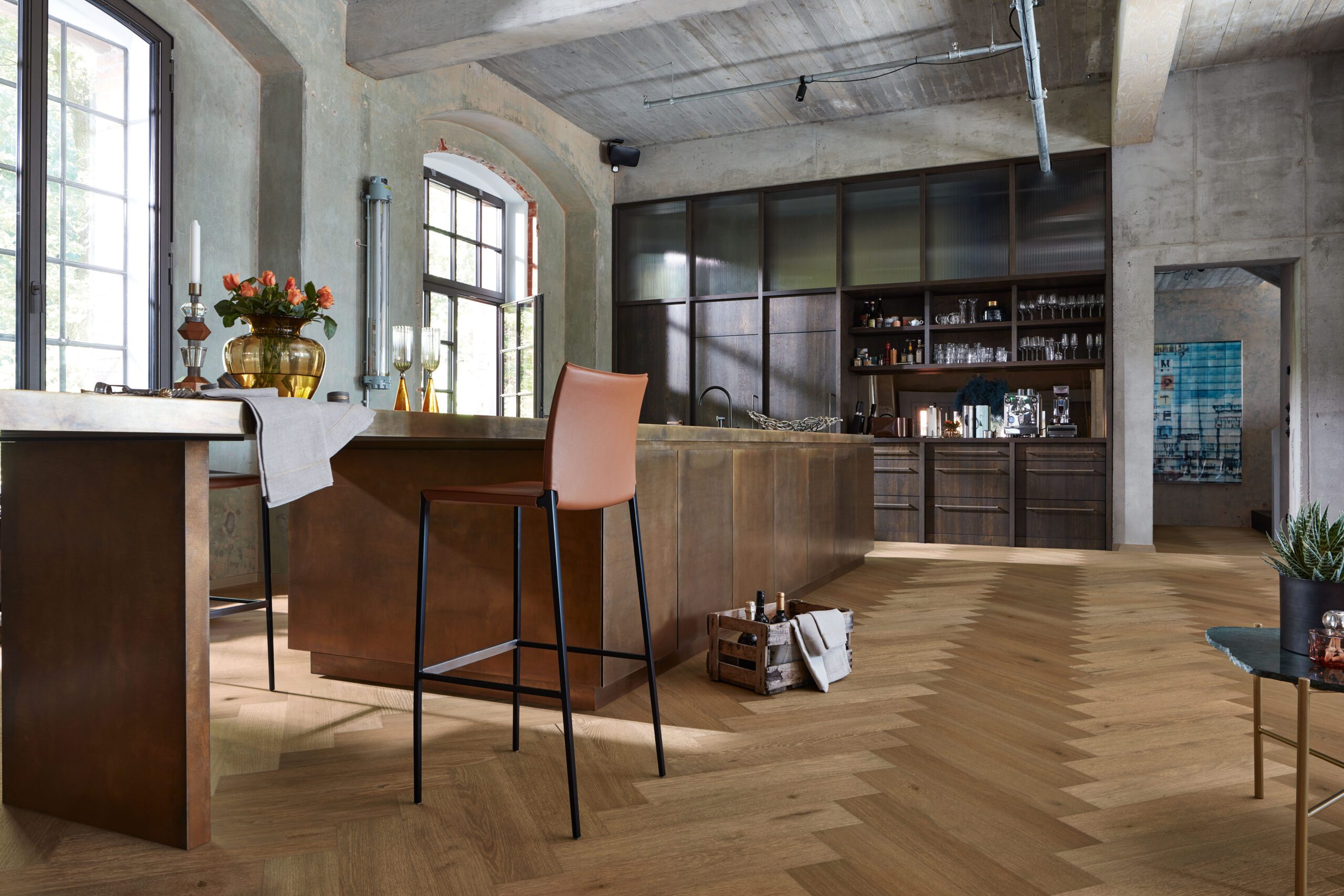 Fischgrätparkett Eiche Meister Lindura Classic olive grey oak, struktureeritud, ultramatt versiegelt