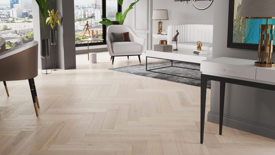 kalasaba-parkett-tamm-harjatud-faasitud-valge-matt-lakk Kalasaba parkett tamm harjatud faasitud valge matt lakk paigaldatud elutoa põrandale.