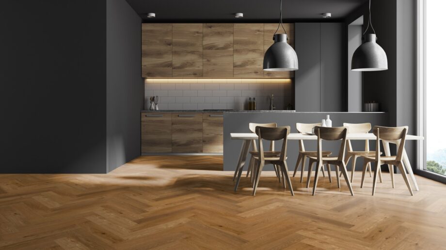 Herringbone flooring Thede & Witte Oak slightly knotty beveled brushed oiled, installed in the kitchen.