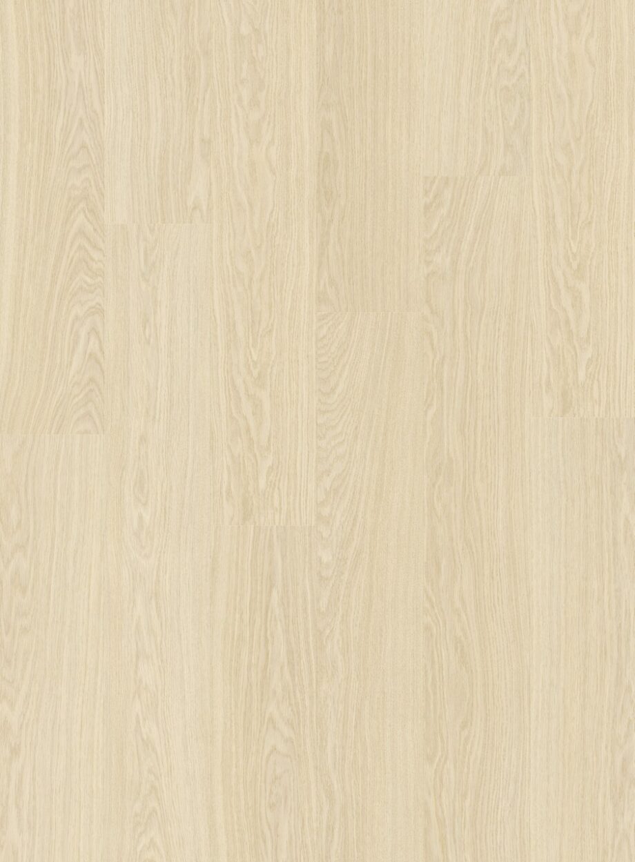 Vinyylilattia Quick Step Bloom Pure Tammi Polar, erittäin vaalea polaarinen tammen sävy ja lankkudesign.