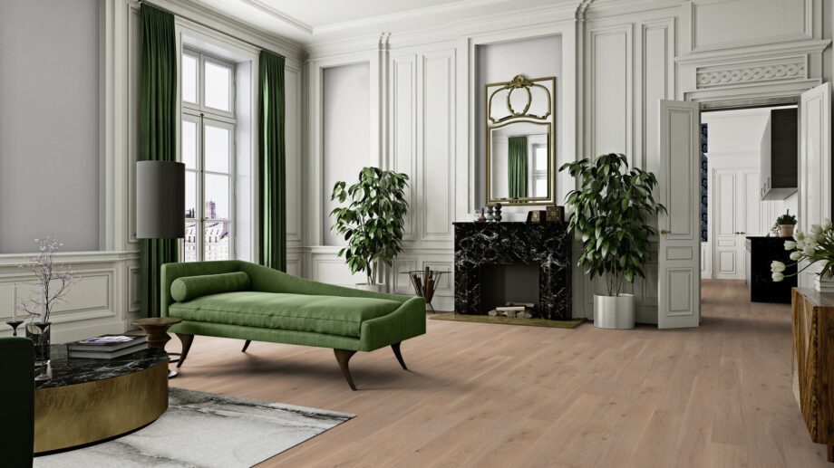 naturaalparkett-bauwerk-casapark-tamm-35-crema-harjatud-bprotekt Naturaalparkett Bauwerk Casapark tamm 35 Crema harjatud ja heleda matt lakiga viimistletud paigaldatud klassikalise kõrgete lagedega elutoa põrandale.