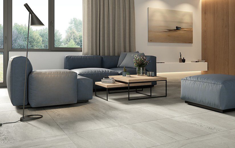 Matte Bodenfliese aus Feinsteinzeug in Steinoptik Harlem Light Grey, 60x60 cm, 8 mm, Hellgrau, R9 – 2