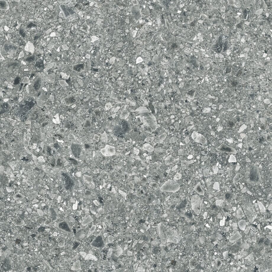 150878-1 Matte Bodenfliese aus Feinsteinzeug in Terrazzo-Optik Terrazzo Smoke, 60x60 cm, 8,8 mm, Rauchgrau