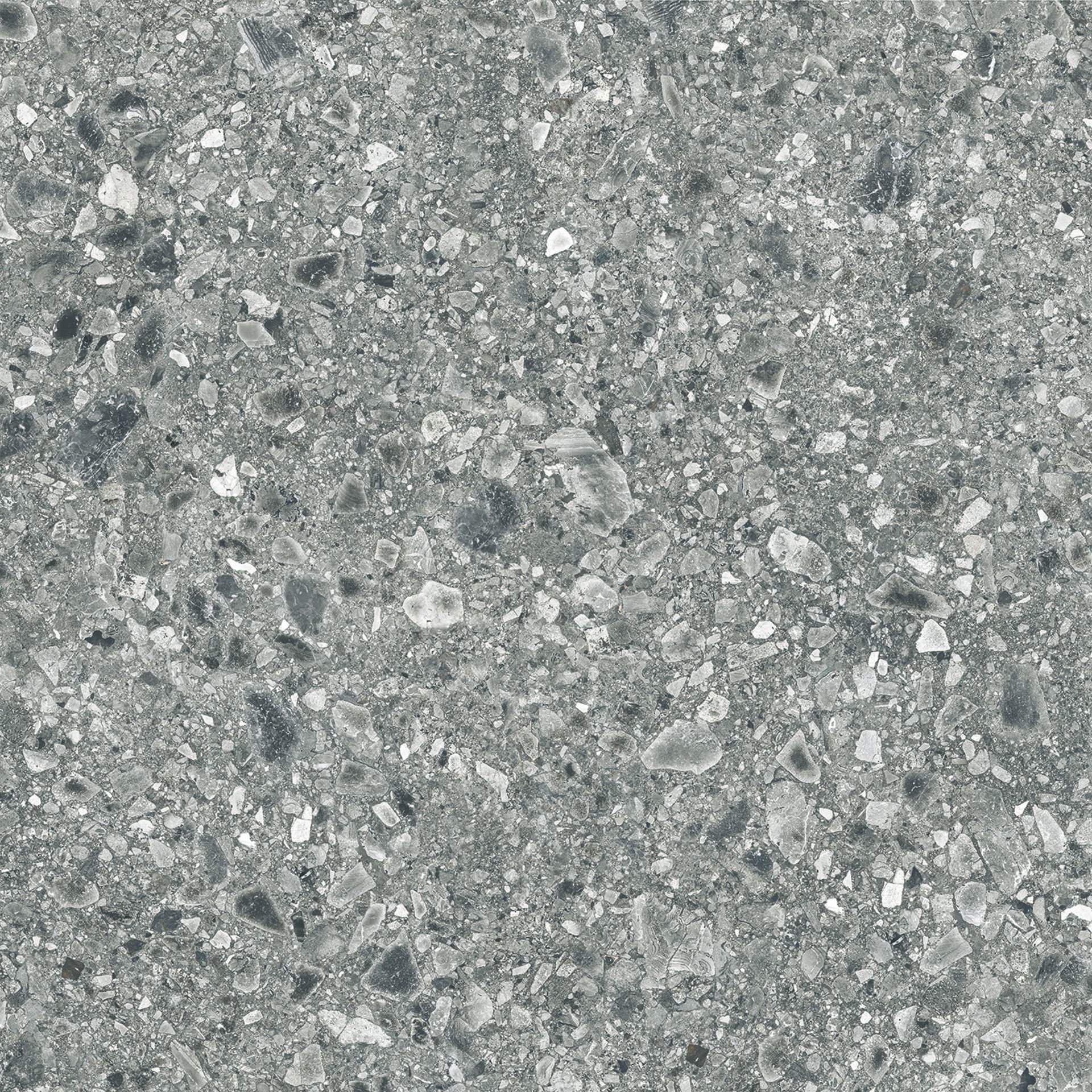 Matte Bodenfliese aus Feinsteinzeug in Terrazzo-Optik Terrazzo Smoke, 60x60 cm, 8,8 mm, Rauchgrau