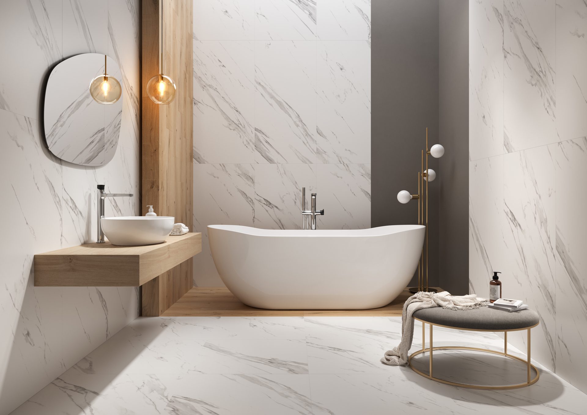 Seidenglänzende Bodenfliese aus Feinsteinzeug in Marmoroptik Mistari White, 60x120 cm, 8 mm, Weiß – 2