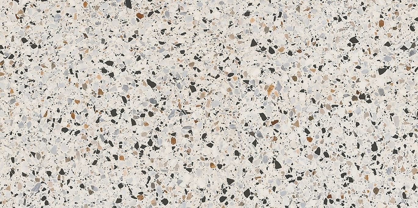 Halbpolierte Bodenfliese aus Feinsteinzeug in Terrazzo-Optik Hika Terrazzo Mix, 60x120 cm, 8 mm, mehrfarbig, R9