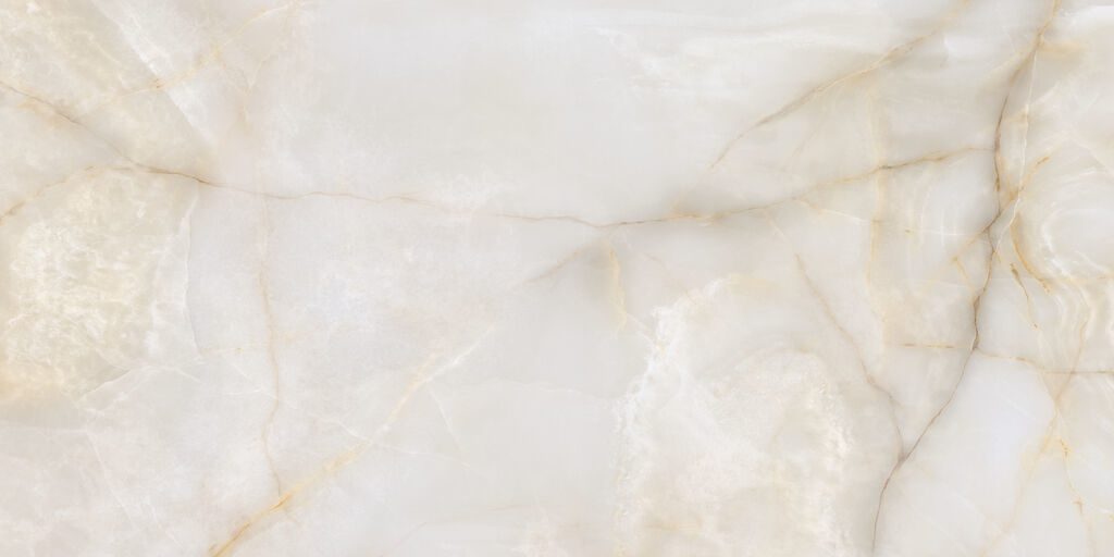 Polierte Bodenfliese aus Feinsteinzeug in Marmoroptik Onix Cream, 60x120 cm, 10,5 mm, Creme