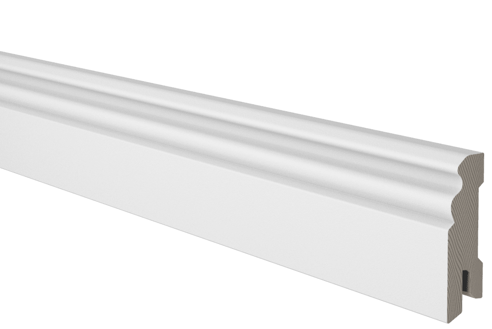 Sockelleiste Kiefer weiss lackiert, profiliert, 14x58x2700 mm