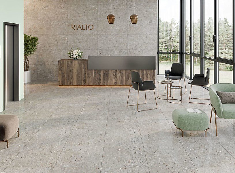 Matte Bodenfliese aus Feinsteinzeug in Steinoptik Rialto Grey, 60x60 cm, 8 mm, Grau, R9 – 2