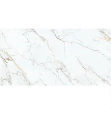 Seidenglänzende Bodenfliese aus Feinsteinzeug in Marmoroptik Lumina Gold, 60x120 cm, 8 mm, Weiß
