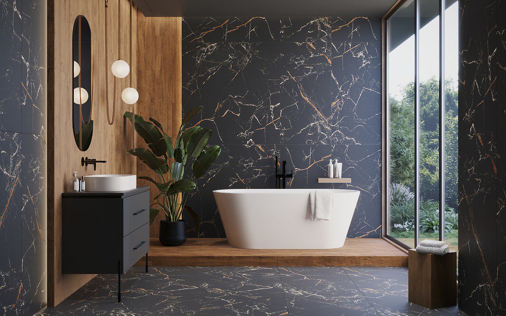 Matte Bodenfliese aus Feinsteinzeug in Marmoroptik Marie Show Black, 60x120 cm, 8 mm, Schwarz – 3