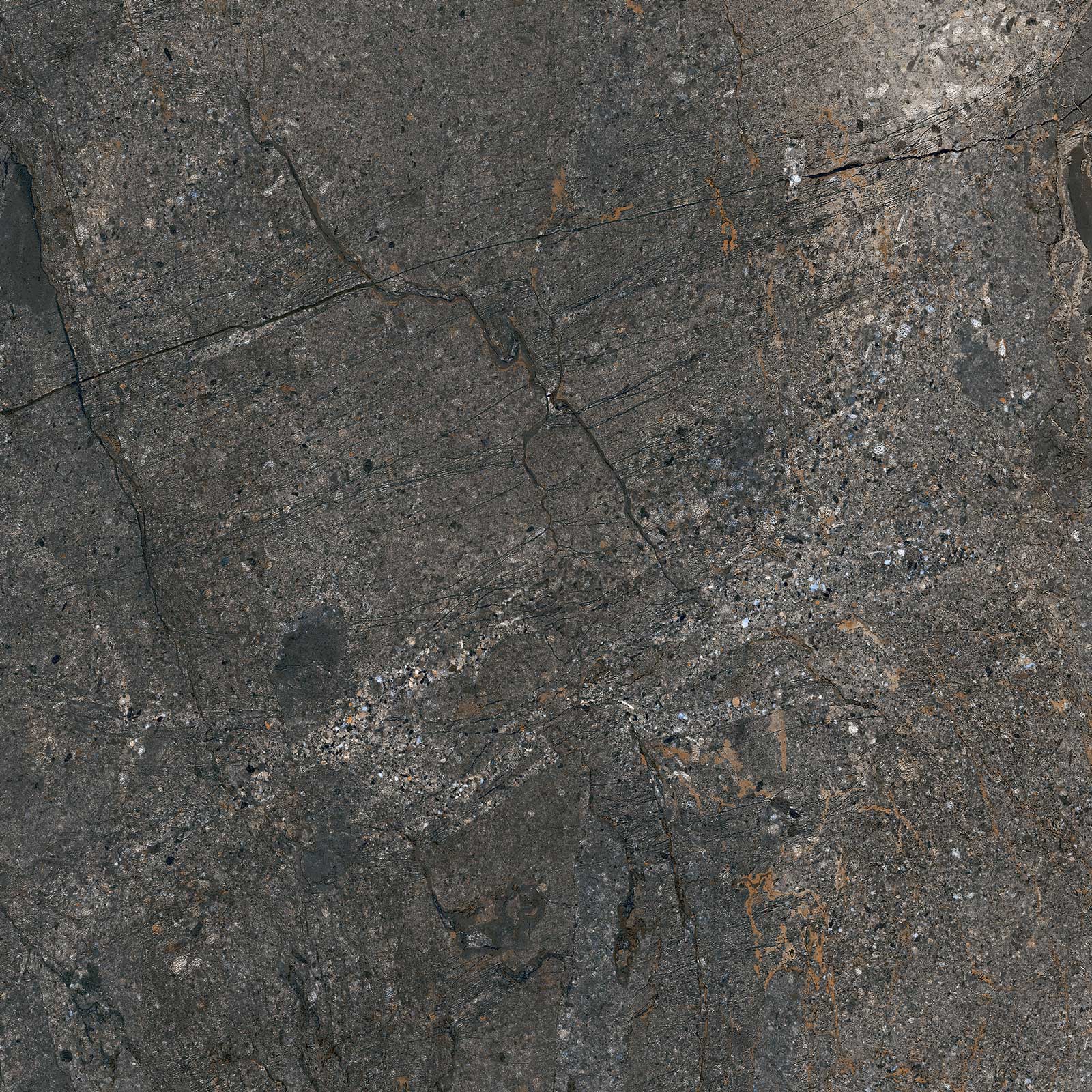 Matte Bodenfliese aus Feinsteinzeug in Steinoptik Tau Mainstone Graphite, 60x60 cm, 9 mm, Graphitgrau, R10, rektifiziert