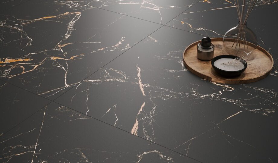 182446-3 Matte Bodenfliese aus Feinsteinzeug in Marmoroptik Marie Show Black, 60x60 cm, 8 mm, Schwarz – 3