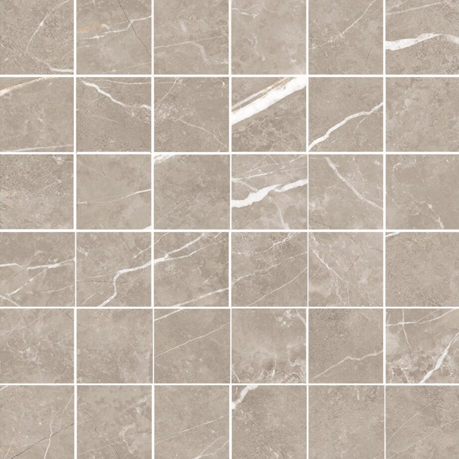 036.281.0408.09213-1 Matte Mosaikfliese aus Feinsteinzeug in Marmoroptik Tau Elite Greige 5x5, 30x30 cm, Greige