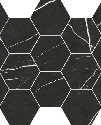 Sechseck-Mosaikfliese aus Feinsteinzeug in Marmoroptik Tau Elite Black Hex, 32,5x22,5 cm, Schwarz