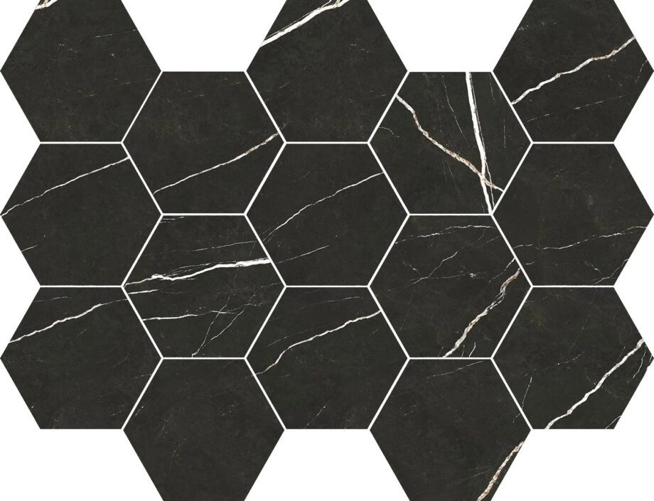 036.297.0157.09213-1 Sechseck-Mosaikfliese aus Feinsteinzeug in Marmoroptik Tau Elite Black Hex, 32,5x22,5 cm, Schwarz