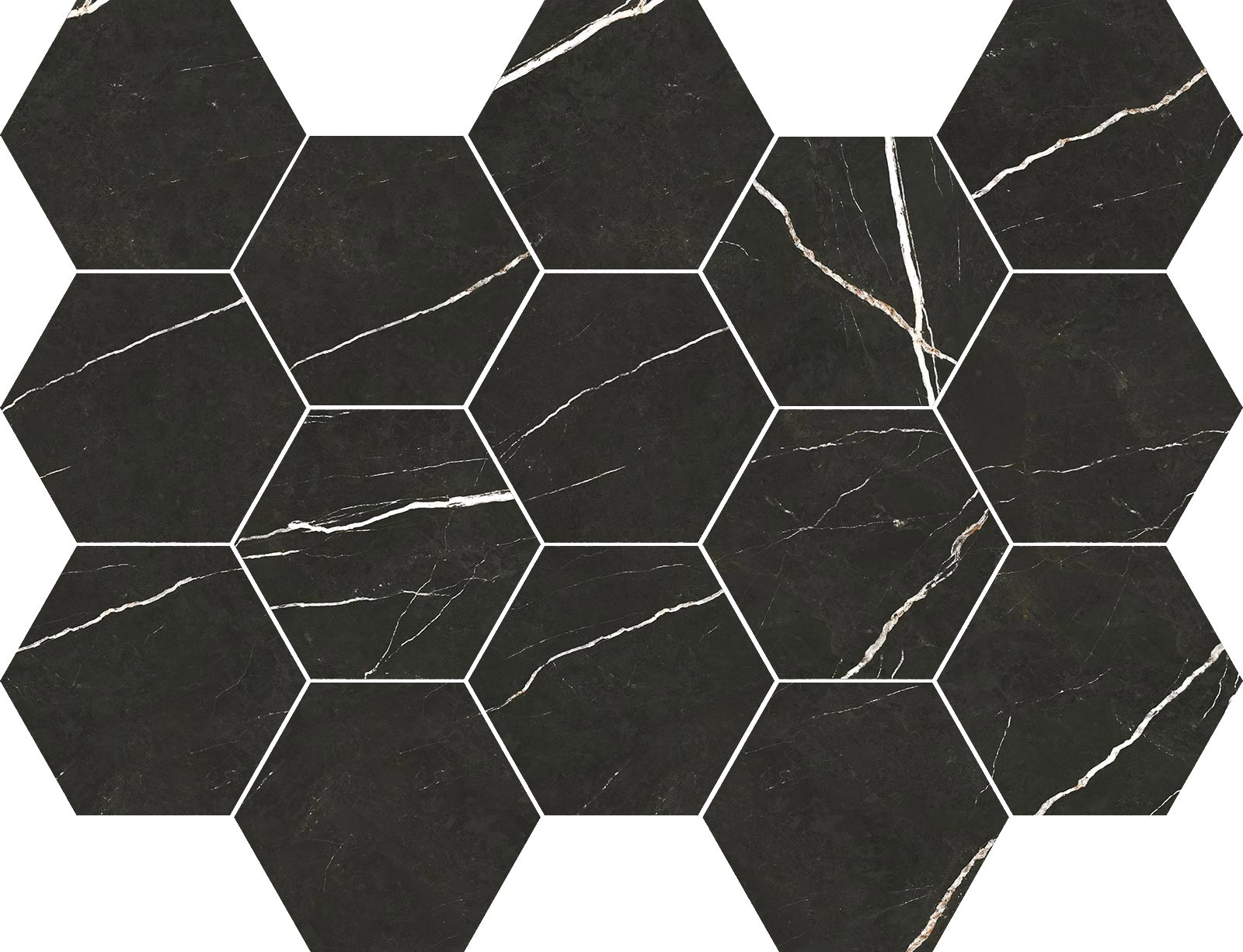 Sechseck-Mosaikfliese aus Feinsteinzeug in Marmoroptik Tau Elite Black Hex, 32,5x22,5 cm, Schwarz