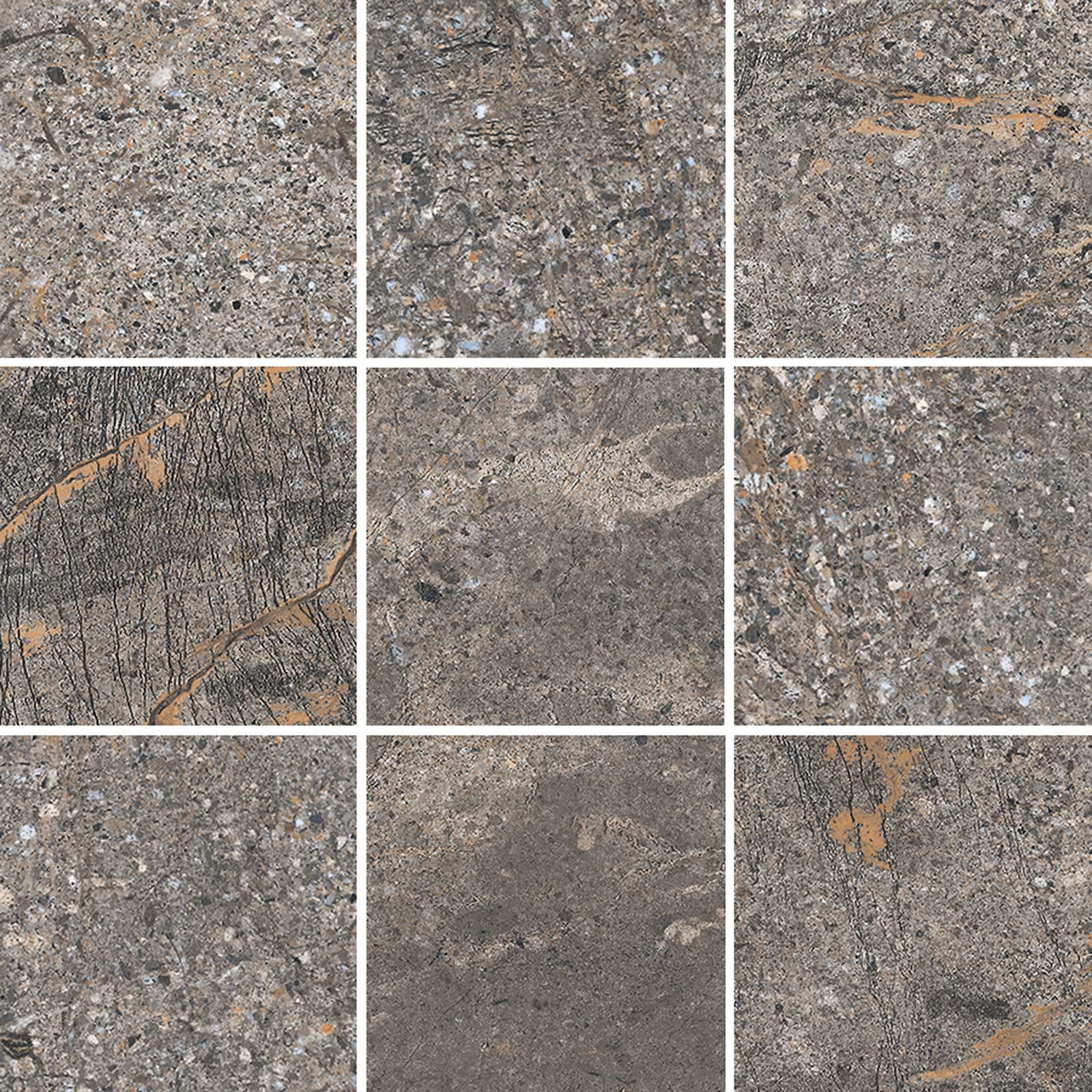Mosaikfliese aus Feinsteinzeug in Steinoptik Tau Mainstone Gray 10x10 Pol, 30x30 cm, Grau