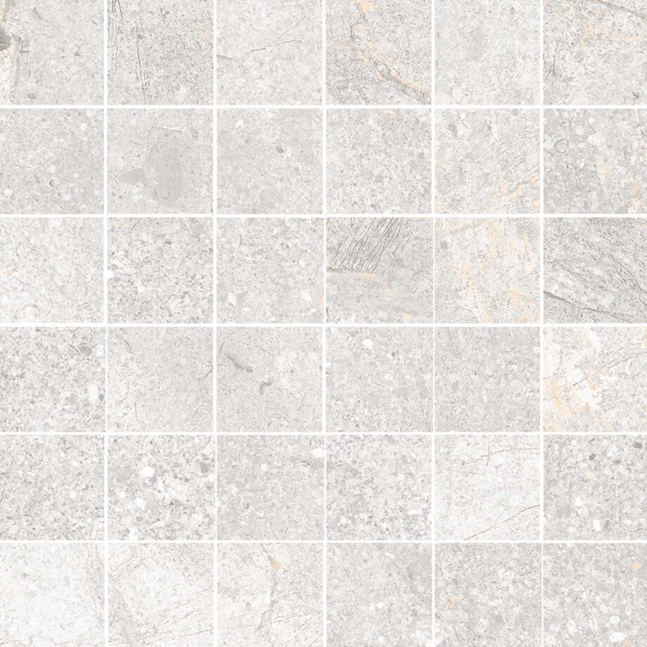 Mosaikfliese aus Feinsteinzeug in Steinoptik Tau Mainstone Silver 5x5, 30x30 cm, Silbergrau