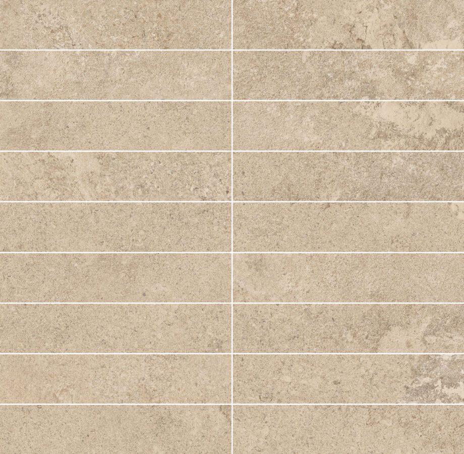 041.897.0119.15205-1 Mosaikfliese aus Feinsteinzeug in Steinoptik Tau Dorset Sand 3x15, 30x30 cm, Sandbeige