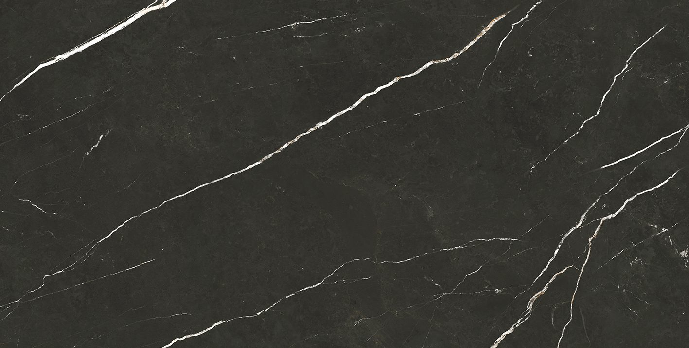 Polierte Bodenfliese aus Feinsteinzeug in Marmoroptik Tau Elite Black Pol, 60x120 cm, 10,5 mm, Schwarz, rektifiziert