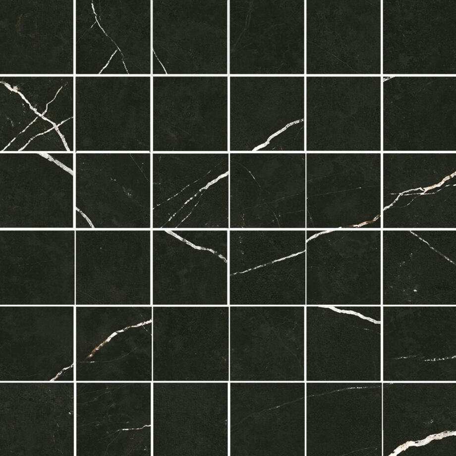 086.281.0157.07981-1 Polierte Mosaikfliese aus Feinsteinzeug in Marmoroptik Tau Elite Black 5x5 Pol, 30x30 cm, Schwarz