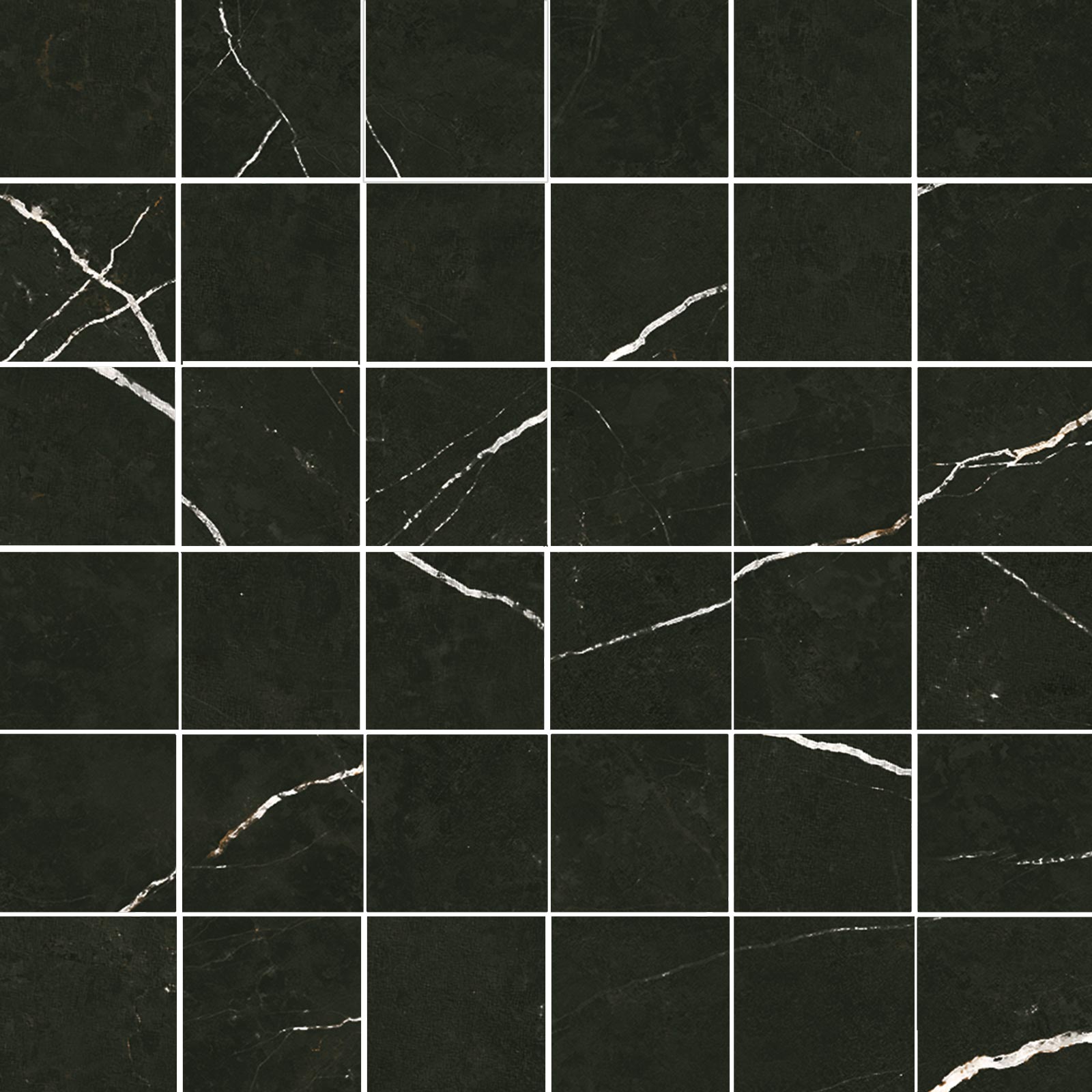 Polierte Mosaikfliese aus Feinsteinzeug in Marmoroptik Tau Elite Black 5x5 Pol, 30x30 cm, Schwarz