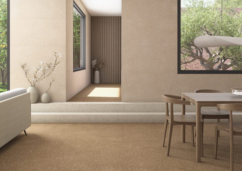 Matte Bodenfliese aus Feinsteinzeug in Terrazzo-Optik Tau Sassy Greige, 90x90 cm, Greige, R10, rektifiziert – 2