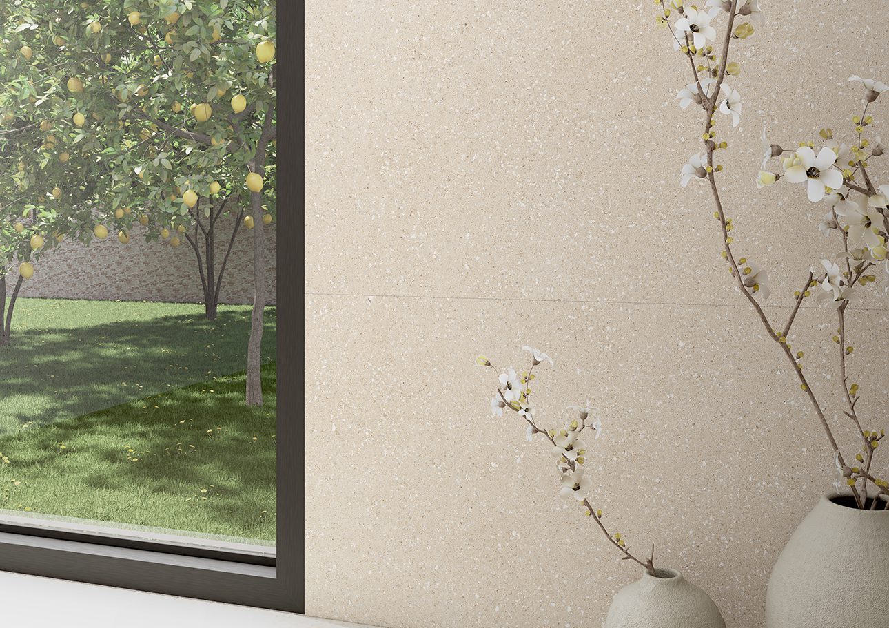 Matte Bodenfliese aus Feinsteinzeug in Terrazzo-Optik Tau Sassy Cream, 90x90 cm, Creme, R10, rektifiziert – 2