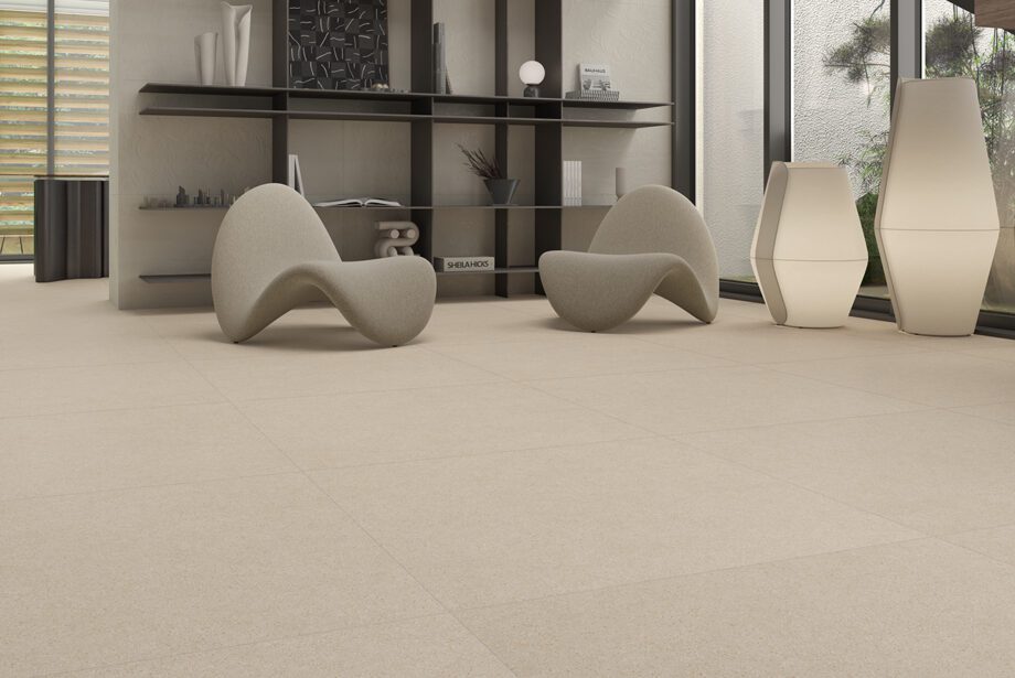 Matte Bodenfliese aus Feinsteinzeug in Terrazzo-Optik Tau Tornares Teide Greige, 120x120 cm, 9 mm, Greige, rektifiziert – 2