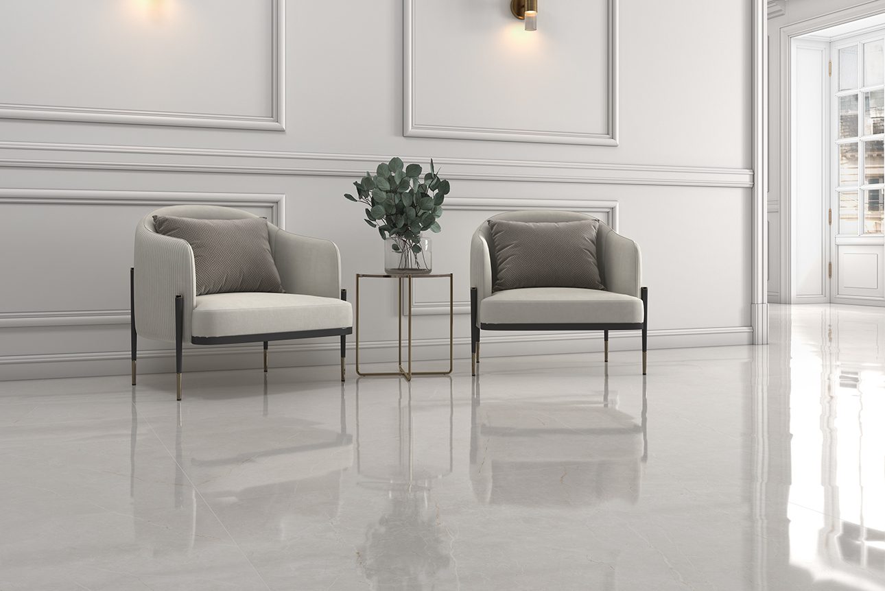 Matte Bodenfliese aus Feinsteinzeug in Marmoroptik Tau Elite White, 15x120 cm, Weiß, rektifiziert – 2