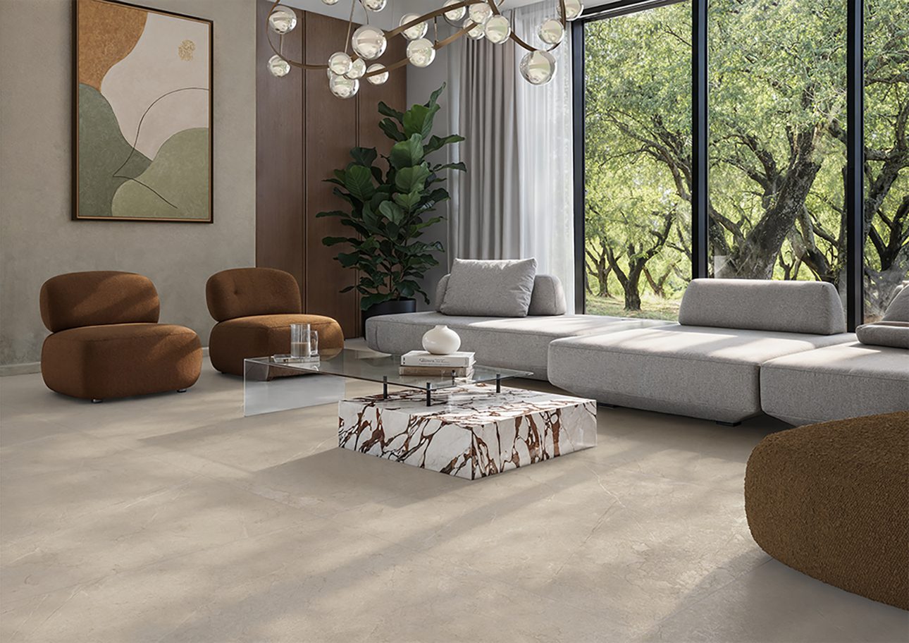 Softmatte Bodenfliese aus Feinsteinzeug in Steinoptik Tau Lithos Soft Linen, 60x120 cm, Leinenbeige, rektifiziert – 4
