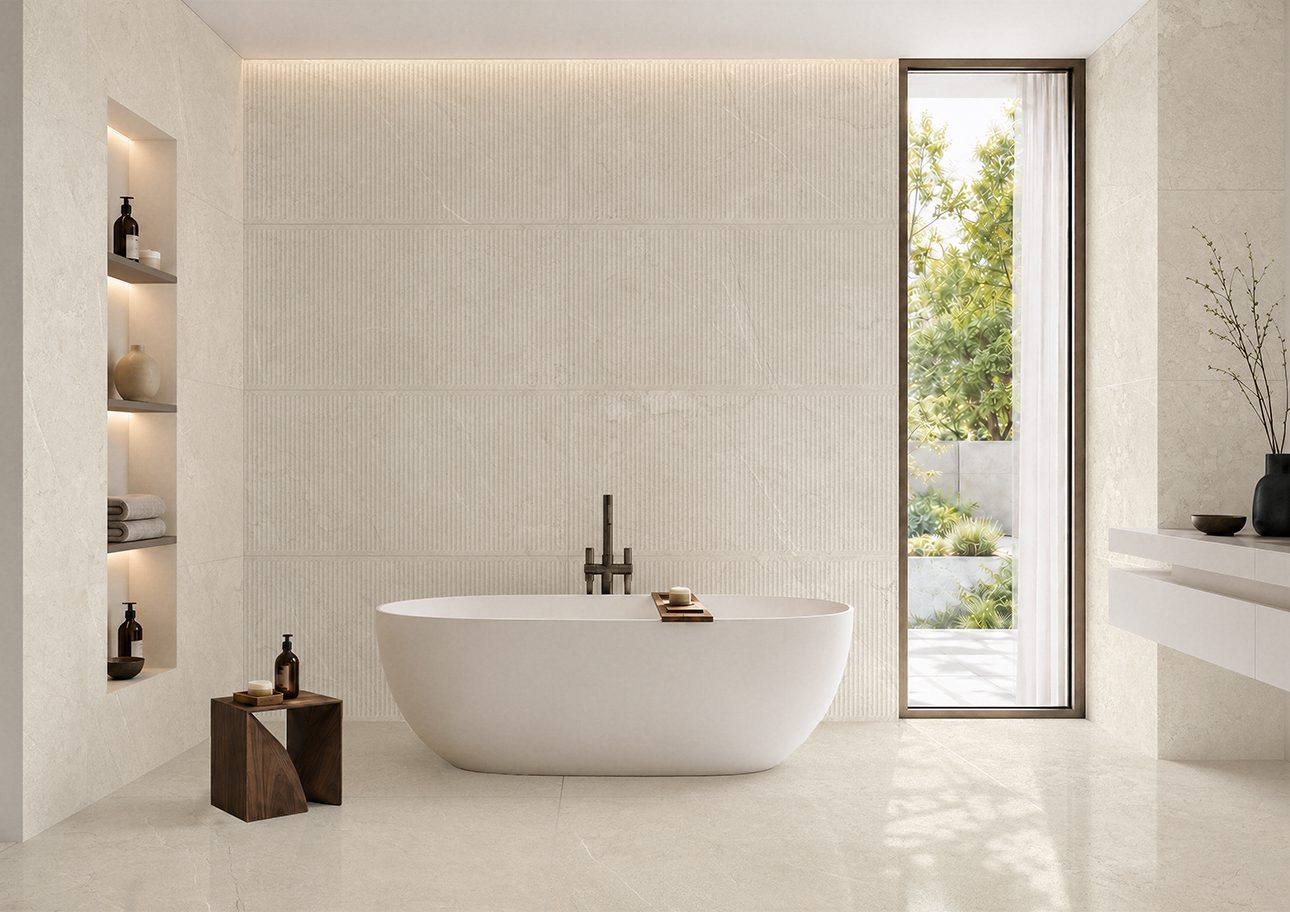 Softmatte Bodenfliese aus Feinsteinzeug in Steinoptik Tau Lithos Soft Linen, 60x120 cm, Leinenbeige, rektifiziert – 3