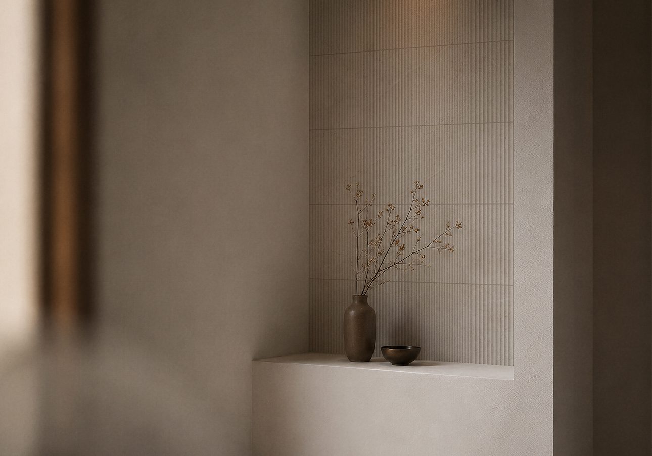 Keramik-Wandfliese in Steinoptik mit Relief Tau Lithos Wall Relief Linen, 30x90 cm, 8,7 mm, Leinenbeige, rektifiziert – 2