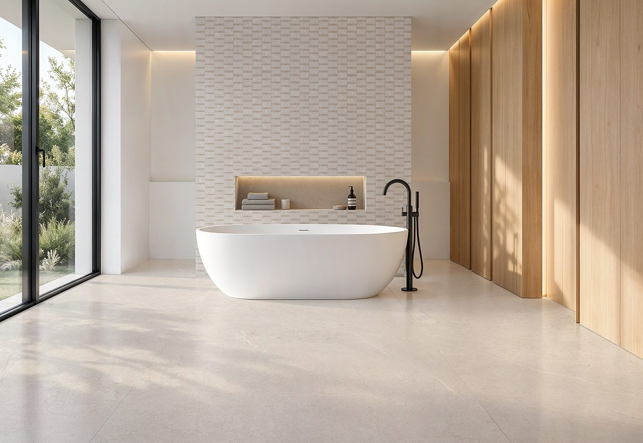 Feinsteinzeug-Wandfliese in Steinoptik mit Relief Tau Lithos Relief White, 60x120 cm, Weiß, R10, rektifiziert – 3
