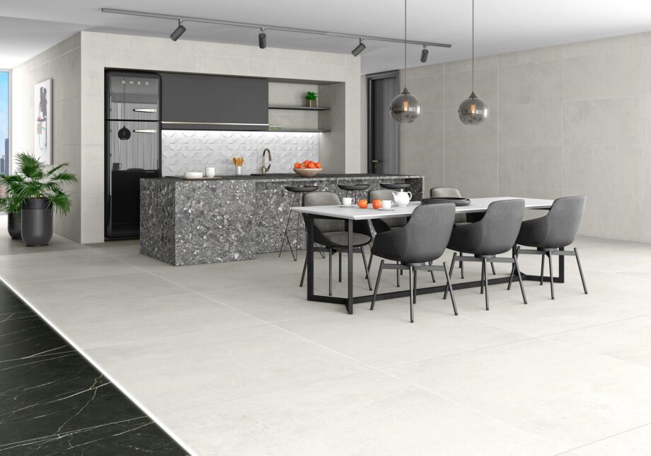 035.120.0108.06613-3 Matte Großformatplatte aus Feinsteinzeug in Betonoptik Tau Lema White, 120x280 cm, 6 mm, Weiß, rektifiziert – 3
