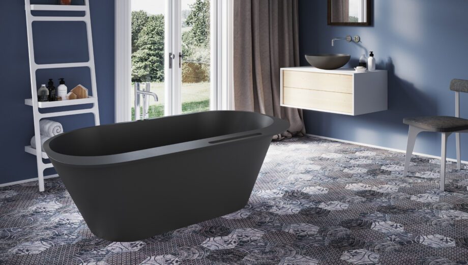 Must eraldiseisev kivivann PAA DECO RIM 166×81 cm, Graphite, matt 2 PAA DECO RIM schwarze freistehende Badewanne Graphite, matt 166x81 cm – 2