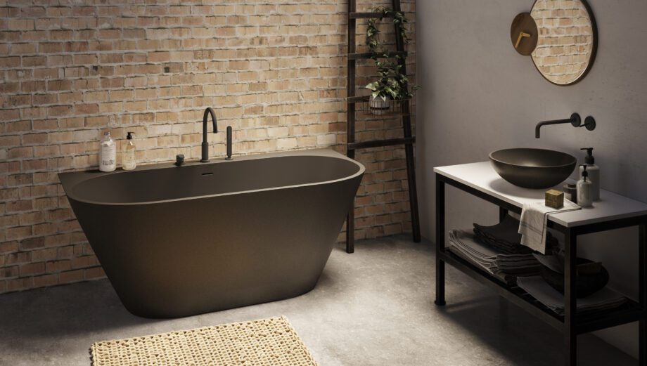 Must seinaäärne kivivann PAA DECO WALL 166×81 cm, Graphite, matt 2 PAA DECO WALL Schwarze Vorwand-Badewanne Graphite, matt 166x81 cm – 2