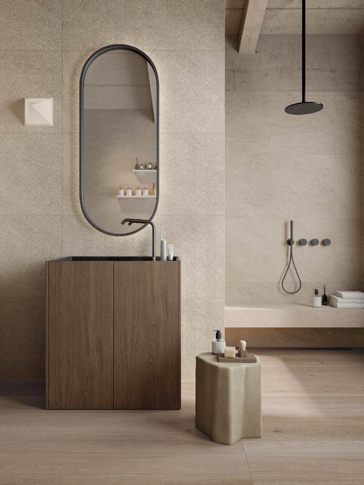 Dekorfliese in Steinoptik ABK Cliff Chevron Sand, 60x120 cm, 8,5 mm, Fischgrät-3D-Relief, matt