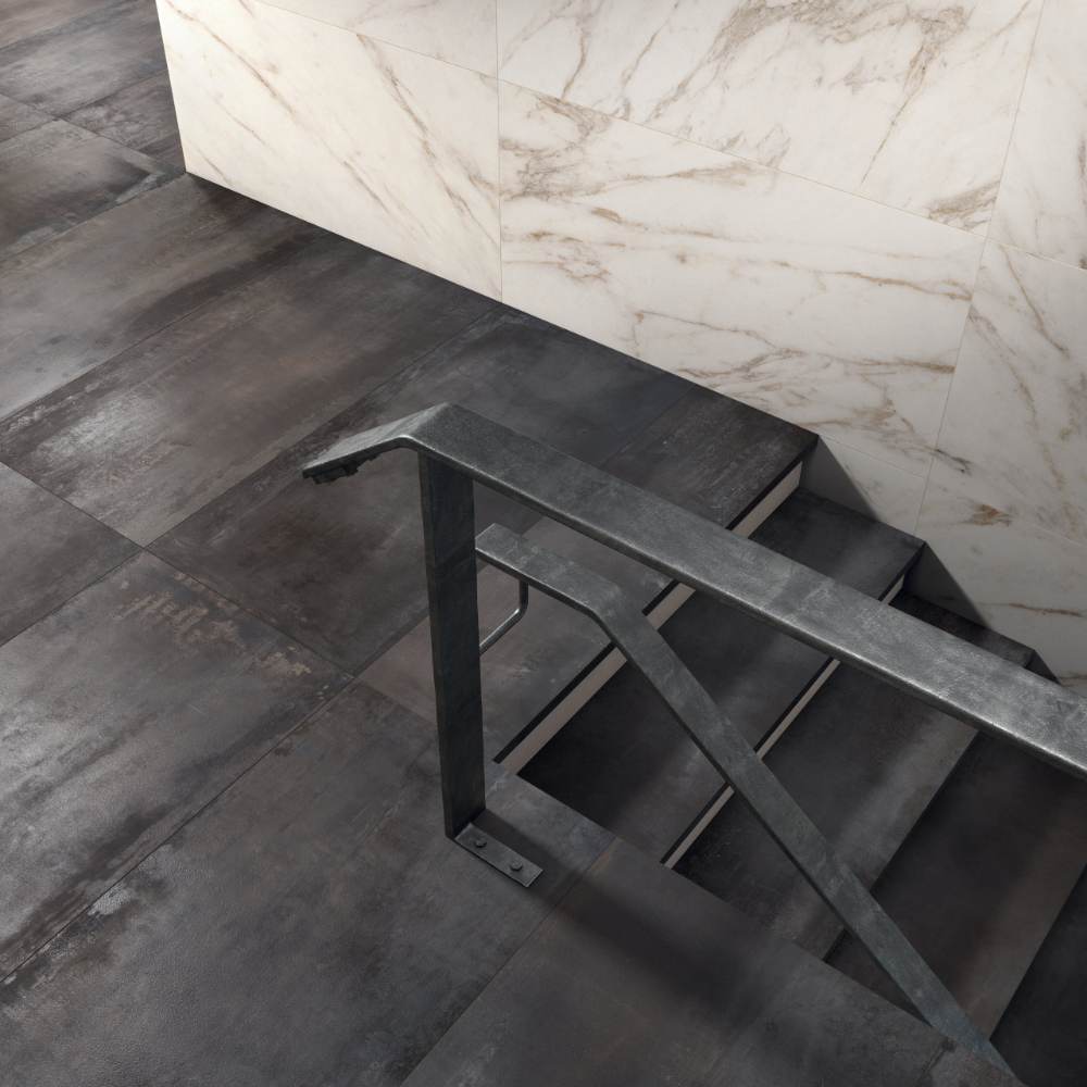 Bodenfliese in Metalloptik ABK Interno 9 Dark, 60x120 cm, 8,5 mm, natur matt, rutschhemmend R10