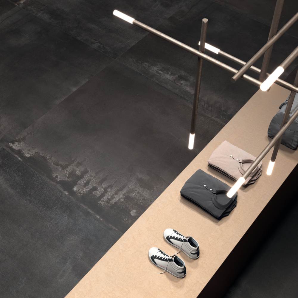 Bodenfliese in Metalloptik ABK Interno 9 Dark, 60x120 cm, 8,5 mm, natur matt, rutschhemmend R10