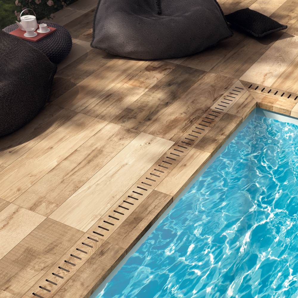 Feinsteinzeug Terrassenplatte in Holzoptik ABK Dolphin Clay, 30x120 cm, 20 mm, für aussen, rutschhemmend R11