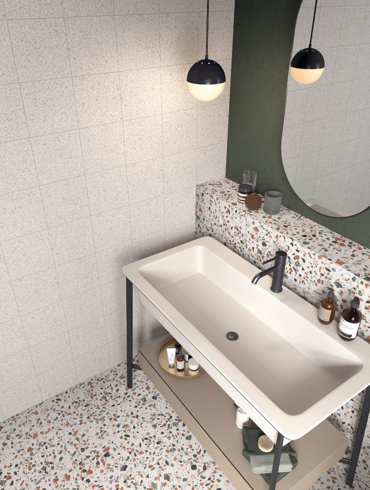 Bodenfliese in Terrazzo-Optik ABK Play Drops Multiwhite, 20x20 cm, 8,5 mm, matt (nat.)
