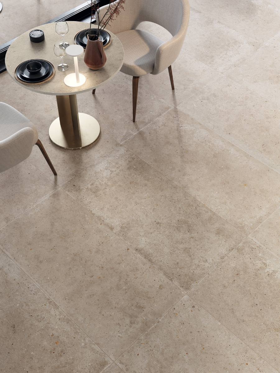 Feinsteinzeug Terrassenplatte in Steinoptik ABK Poetry Stone Pirenei Ecru, 80x80 cm, 20 mm, für aussen, rutschhemmend R11