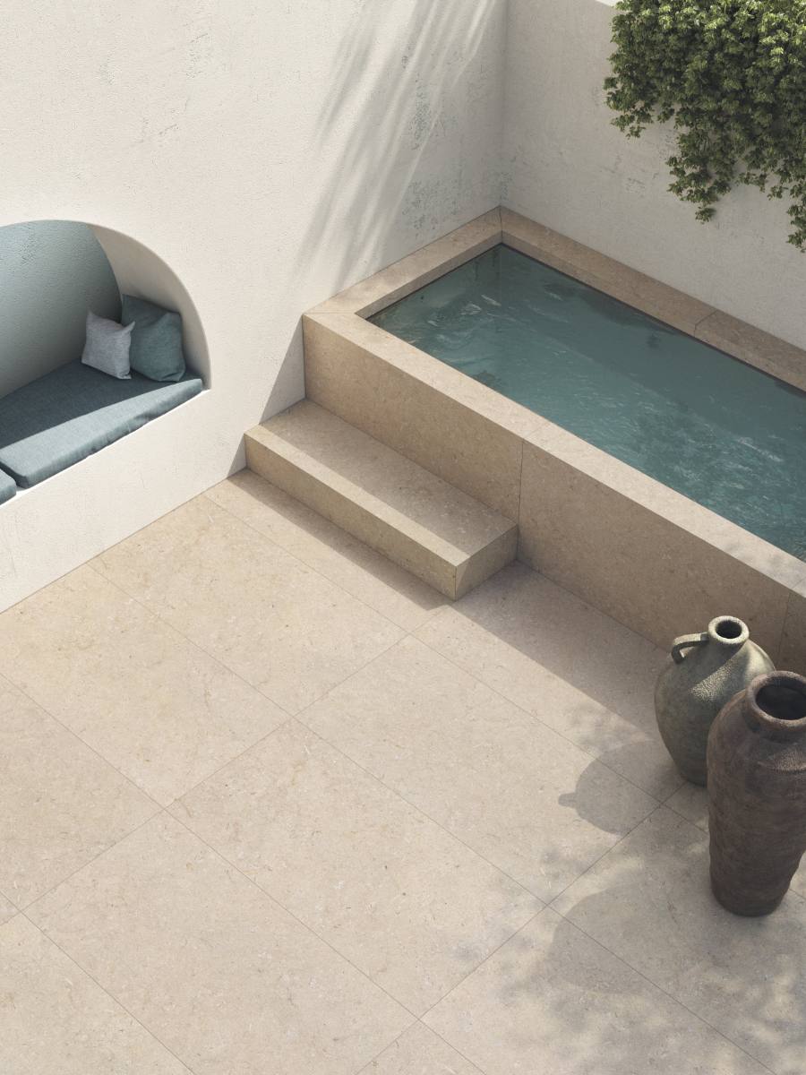 Feinsteinzeug Terrassenplatte in Steinoptik ABK Poetry Stone Trani Beige, 60x90 cm, 20 mm, für aussen, rutschhemmend R11