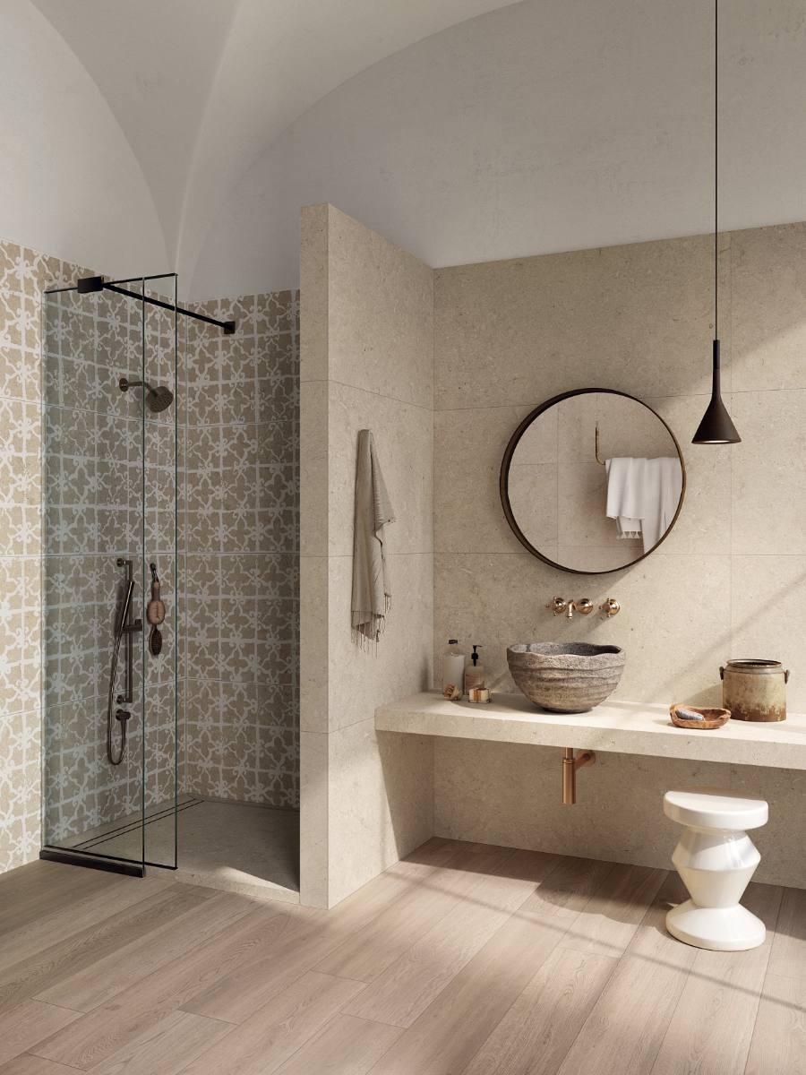 Feinsteinzeug Terrassenplatte in Steinoptik ABK Poetry Stone Trani Beige, 60x90 cm, 20 mm, für aussen, rutschhemmend R11