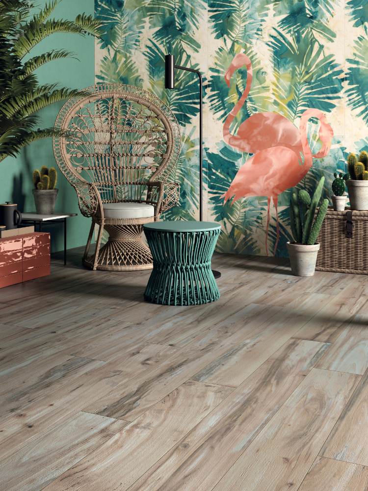 Gemusterte Dekor-Grossformatplatte ABK Wide&Style Tropical Flamingo, 120x280 cm, 6 mm, matt