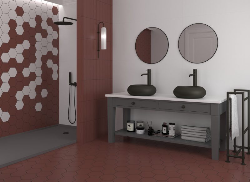 Ühevärviline keraamiline seinaplaat Dune Flat Garnet Matt – interjöör