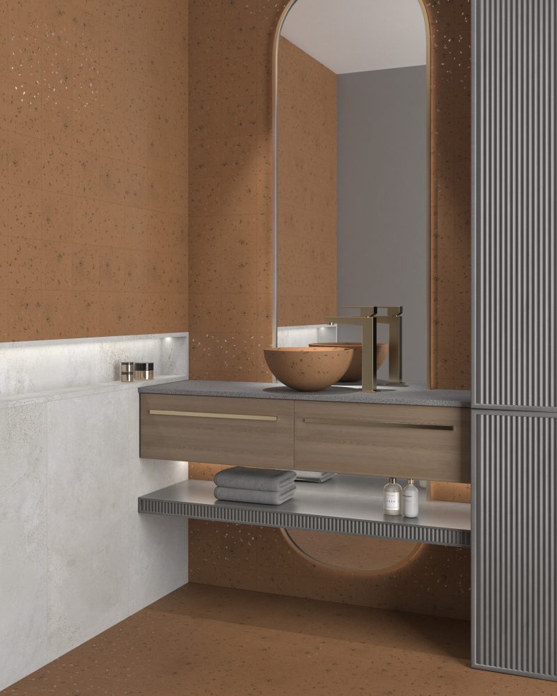Farbige Feinsteinzeugfliese in Terrazzo-Optik Dune Fragmenta Terracota, 20x20 cm, 9 mm, handbemalte Optik, Soft&Safe, R10 – 2