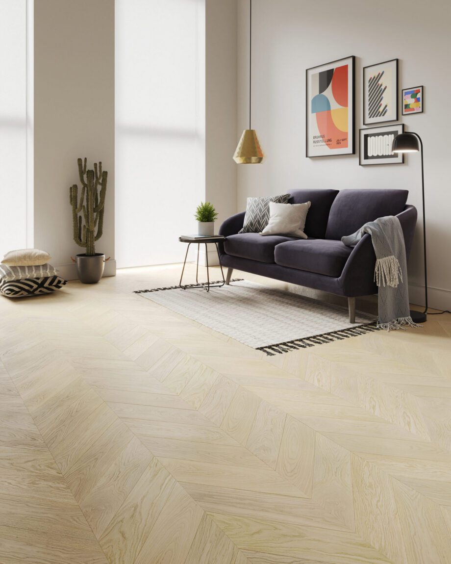 Chevron Parkett Eiche Esta Nordic S Linen extramatt lackiert – Nahaufnahme Chevron Parkett Eiche Esta Nordic S Linen extramatt lackiert – 3